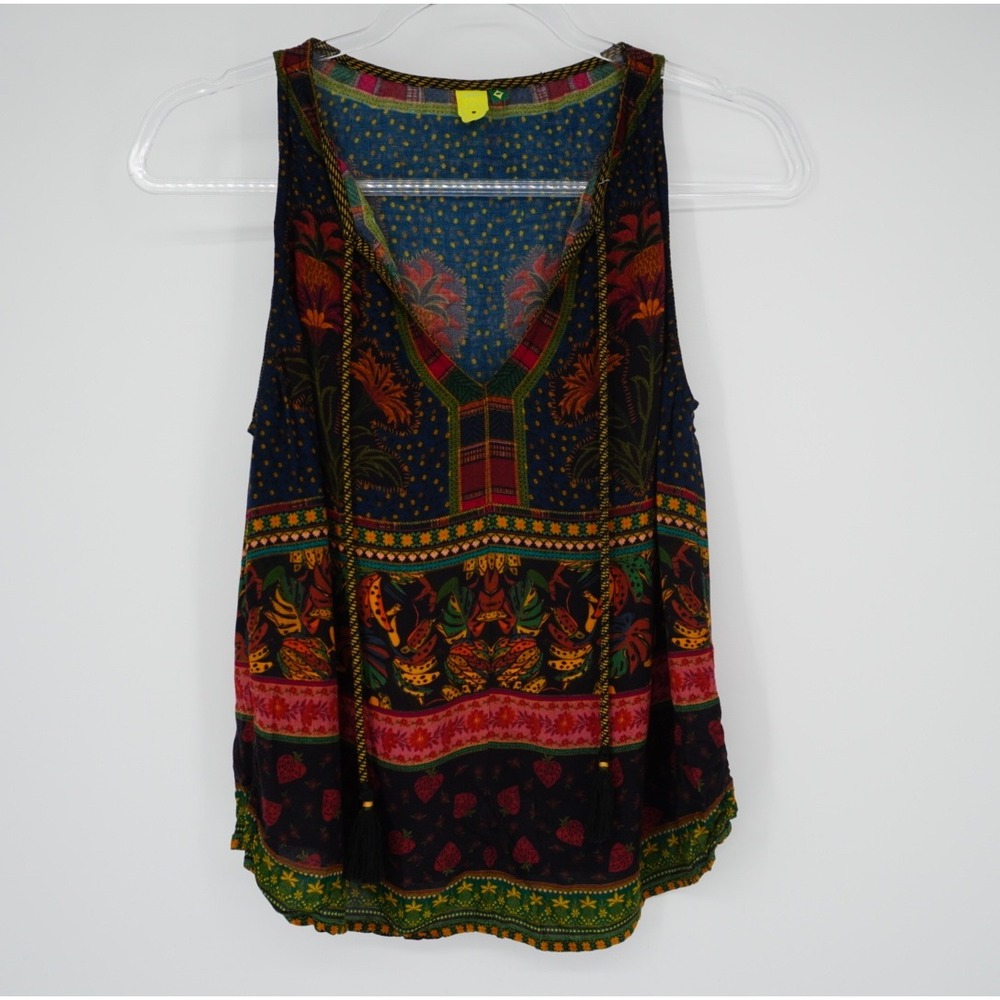 Farm Rio Tropical Fruit Floral Print Tassel V-Neck Viscose Tank Top Size P Small